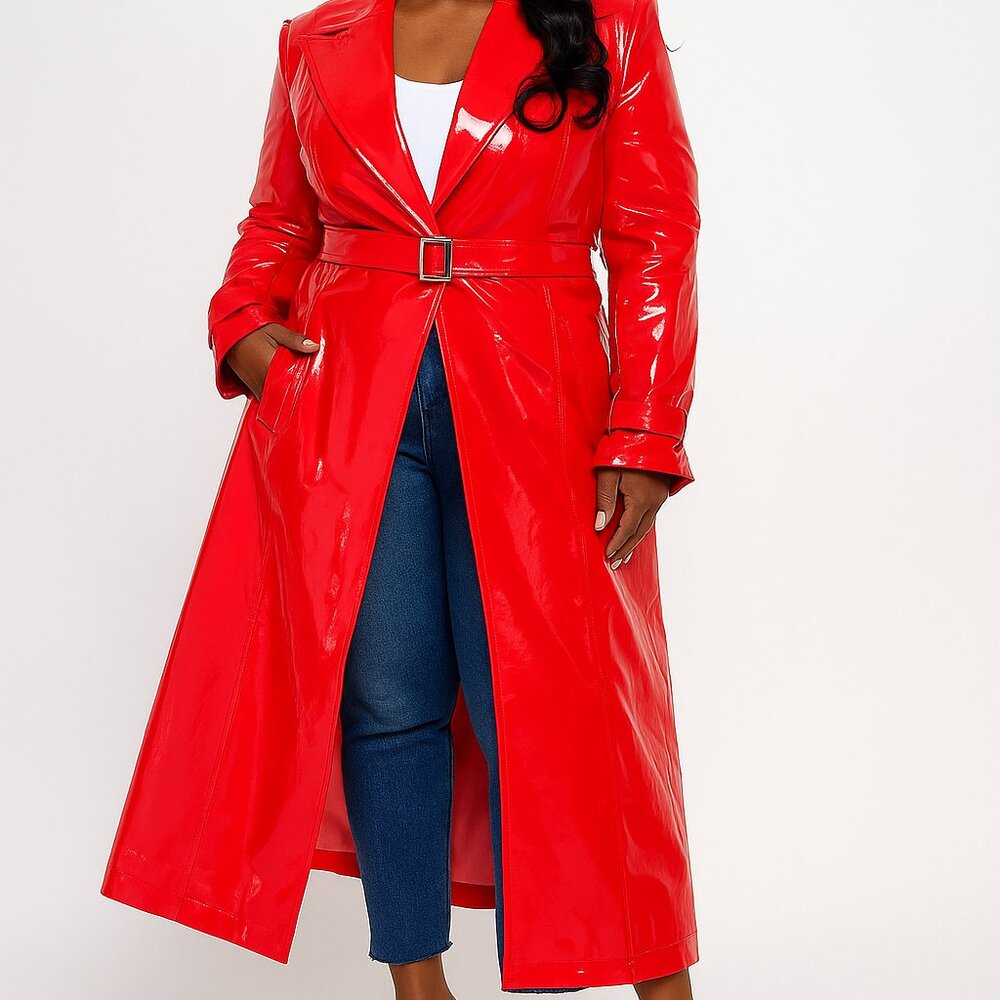 Lipstick Red Belted Faux  Leather Trench Coat Plus Size Statement Topper